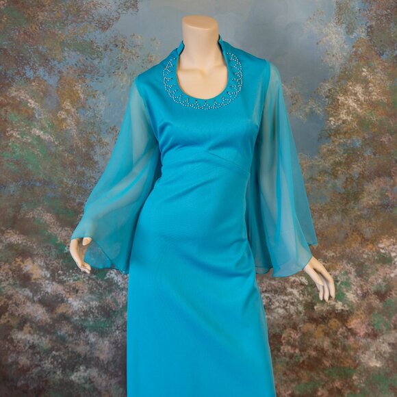 Vintage 70s ANGEL SLEEVE TURQUOISE Pearl Rhinestone Maxi Dress - Picture 4 of 12